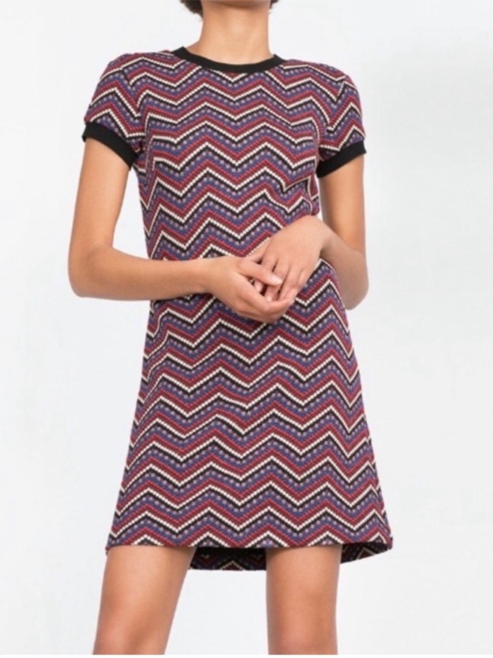 ZARA Burgundy and Navy Chevron Short-Sleeve Mini Dress M